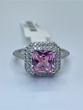 Swarovski Crystal Elements Pink Cushion Cut Crystal Halo Statement Ring Size 8